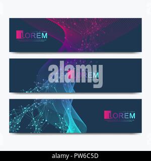 Abstract vector set of modern website banners. Scientific cybernetics background with a colored dynamic waves, line and particles. Wave flow. Molecule and communication background. Stock Vector