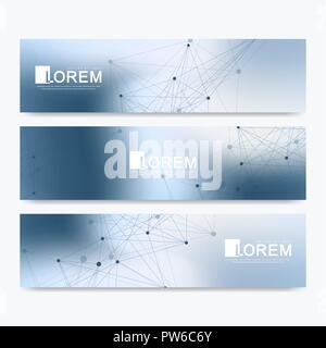 Abstract vector set of modern website banners. Scientific cybernetics background with a colored dynamic lines and particles. Molecule and communication background Stock Vector