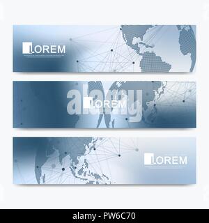 Abstract vector set of modern website banners. Scientific cybernetics background with a colored dynamic lines and particles. Molecule and communication background Stock Vector