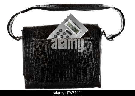 Modern men's briefcase with the cherished sum of one million on the calculator display, isolated on white background. Stock Photo