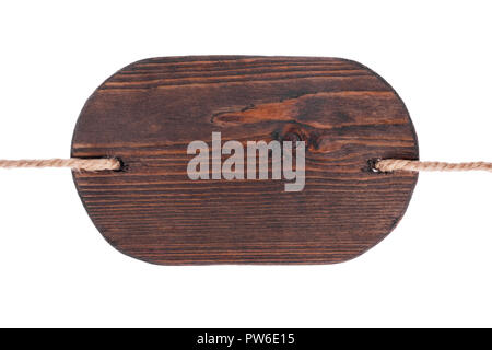 Classic oval sign, pointer made of blackboard, isolated on white background. Hanging on two ropes Stock Photo