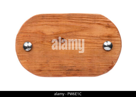 Old oval wooden board with chrome bolts. Isolated on white background Stock Photo