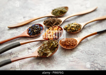 Virious kinds of tea in wooden spoons on stone table Stock Photo