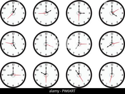 Set of twelve round black color wall clocks isolated on white background , from one to twelve Stock Vector