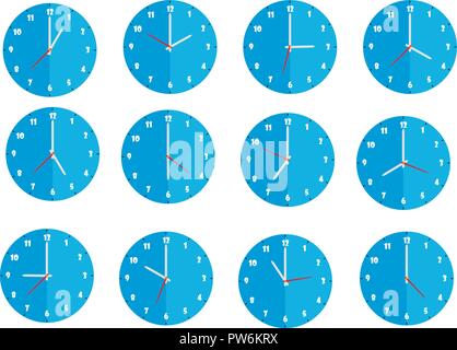 Set of twelve flat blue round design wall clocks isolated on white background, from one to twelve Stock Vector