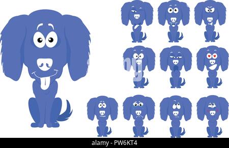 Vector illustration set of cute and funny cartoon little blue dog with facial Expressions Stock Vector