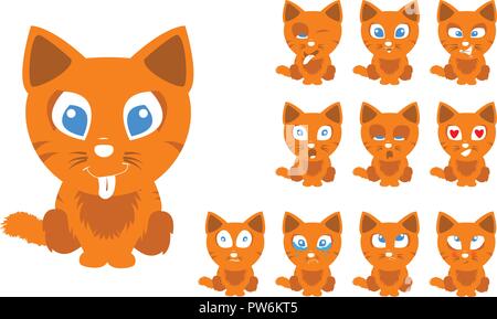Vector illustration set of cute and funny cartoon little orange cat with facial Expressions Stock Vector