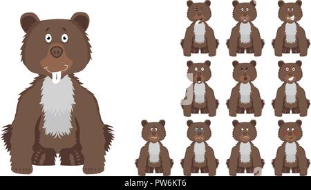 Vector illustration set of cute and funny cartoon little brown wild bear with facial Expressions Stock Vector