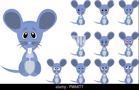 Vector illustration set of cute and funny cartoon little grey mouse with facial Expressions Stock Vector