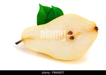 half of ripe red yellow pear with leaves fruits isolated on white background Stock Photo