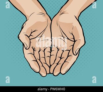 Cupped hands, folded arms. Pop art retro comic style. Cartoon vector illustration Stock Vector