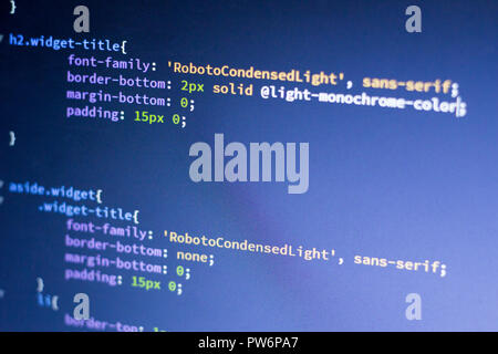 Web development code: CSS/LESS styles preprocessor script lines. Abstract screen of web developer. Stock Photo