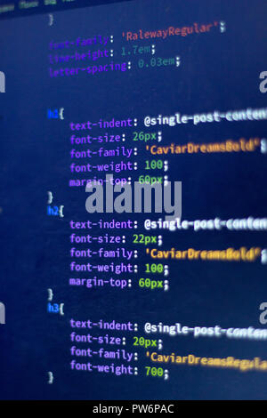 Web development code: CSS/LESS styles preprocessor script lines. Abstract screen of web developer. Stock Photo