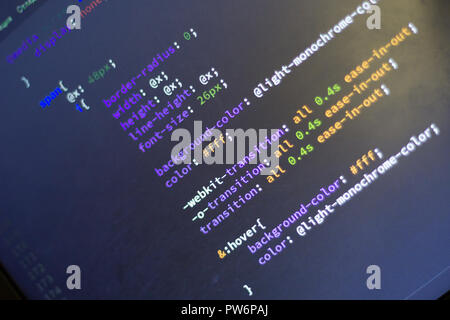 Web development code: CSS/LESS styles preprocessor script lines. Abstract screen of web developer. Stock Photo