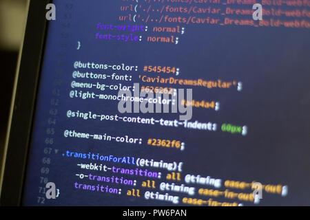 Web development code: CSS/LESS styles preprocessor script lines. Abstract screen of web developer. Stock Photo