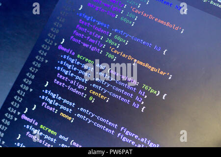 Web development code: CSS/LESS styles preprocessor script lines. Abstract screen of web developer. Stock Photo
