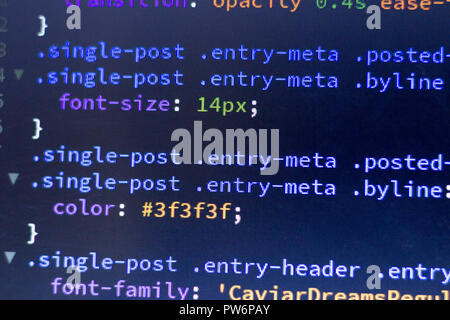 Web development code: CSS/LESS styles preprocessor script lines. Abstract screen of web developer. Stock Photo