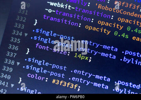 Web development code: CSS/LESS styles preprocessor script lines. Abstract screen of web developer. Stock Photo