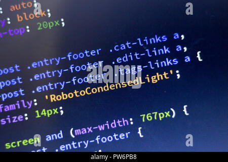 Web development code: CSS/LESS styles preprocessor script lines. Abstract screen of web developer. Stock Photo