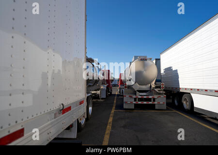 Big rigs semi trucks and trailers of different makes and models standing in row on truck stop expecting the continuation of traffic on the routes of m Stock Photo