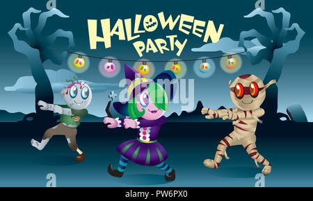 A group of monsters playing together in Halloween night. Stock Vector