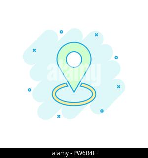 Vector cartoon pin location icon in comic style. Navigation map, gps sign illustration pictogram. Pin business splash effect concept. Stock Vector