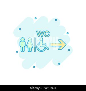 Vector cartoon WC, toilet icon in comic style. Men and women restroom sign illustration pictogram. WC business splash effect concept. Stock Vector