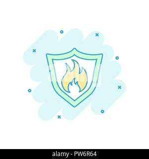 Vector cartoon fire warning shield sign icon in comic style. Flame protection sign illustration pictogram. Fire business splash effect concept. Stock Vector