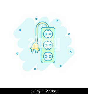 Vector cartoon extension cord sign icon in comic style. Electric power socket sign illustration pictogram. Power socket business splash effect concept Stock Vector