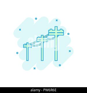 Vector cartoon high voltage power lines icon in comic style. Electric pole sign illustration pictogram. Power line business splash effect concept. Stock Vector