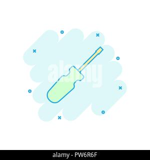 Vector cartoon screwdriver icon in comic style. Repair tool sign illustration pictogram. Screwdriver business splash effect concept. Stock Vector
