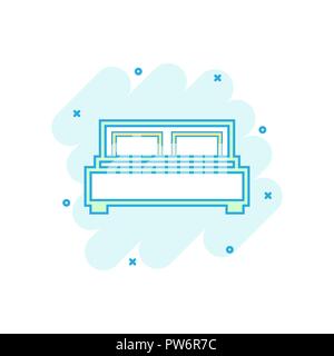 Vector cartoon bed icon in comic style. Bedroom sign illustration pictogram. Bed business splash effect concept. Stock Vector