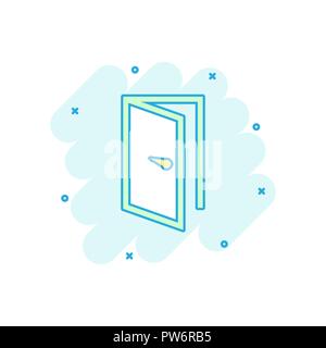Vector cartoon door icon in comic style. Exit sign illustration pictogram. Open door business splash effect concept. Stock Vector