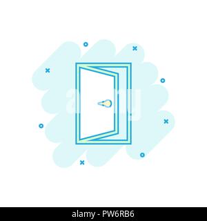 Vector cartoon door icon in comic style. Exit sign illustration pictogram. Open door business splash effect concept. Stock Vector