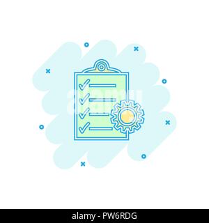 Vector cartoon document icon in comic style. Project management sign illustration pictogram. To do list with gear business splash effect concept. Stock Vector