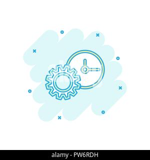 Vector cartoon clock icon in comic style. Project management sign illustration pictogram. Timer with gear business splash effect concept. Stock Vector