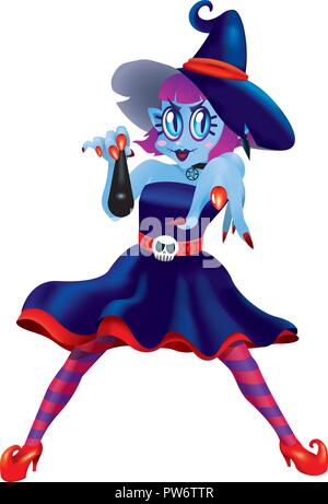 A cute witch pointing at you, with a magic wand. Isolated. Stock Vector