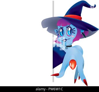 A cute witch pointing at you, with a magic wand. Isolated. Stock Vector