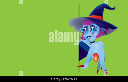 A cute witch pointing at you, with a magic wand. Isolated. Stock Vector