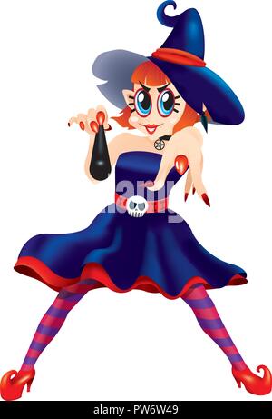 A cute witch pointing at you, with a magic wand. Isolated. Stock Vector