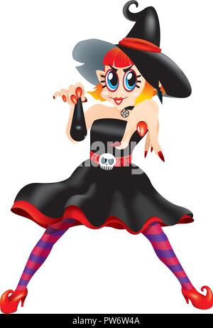 A cute witch pointing at you, with a magic wand. Isolated. Stock Vector