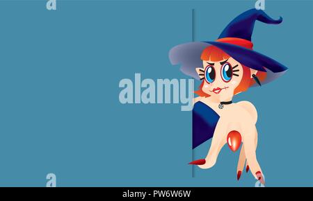 A cute witch pointing at you, with a magic wand. Isolated. Stock Vector