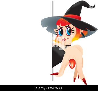 A cute witch pointing at you, with a magic wand. Isolated. Stock Vector