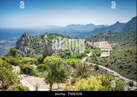 Beautiful summer view on Kyrenia, turkish republic of northern cyprus from St. Hilarion Castle Stock Photo