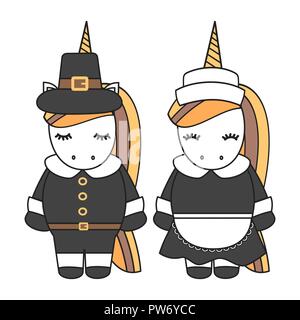 cute cartoon vector pilgrim unicorns couple isolated on white background thanksgiving illustration Stock Vector