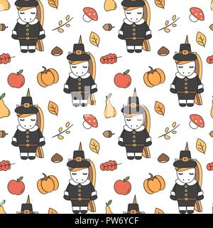 cute cartoon thanksgiving seamless vector pattern background illustration with pilgrim unicorns, pumpkins, apples, pears, leaves, acorns, chestnuts an Stock Vector