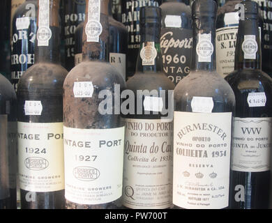 Bottles of vintage port for sale in a shop window in Lisbon, Portugal Stock Photo