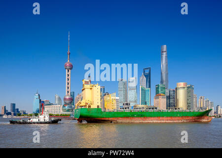 Shanghai, China - June 1 2018: The bund Shanghai aerial view of waterfront architecture city landscape featuring the Oriental Pearl and ShanghaiTower Stock Photo