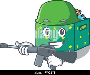 Army character wooden box of kids toys Stock Vector