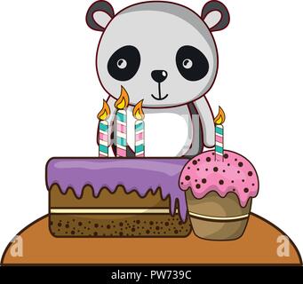 Cute panda bear with birthday cakes over white background, vector ...